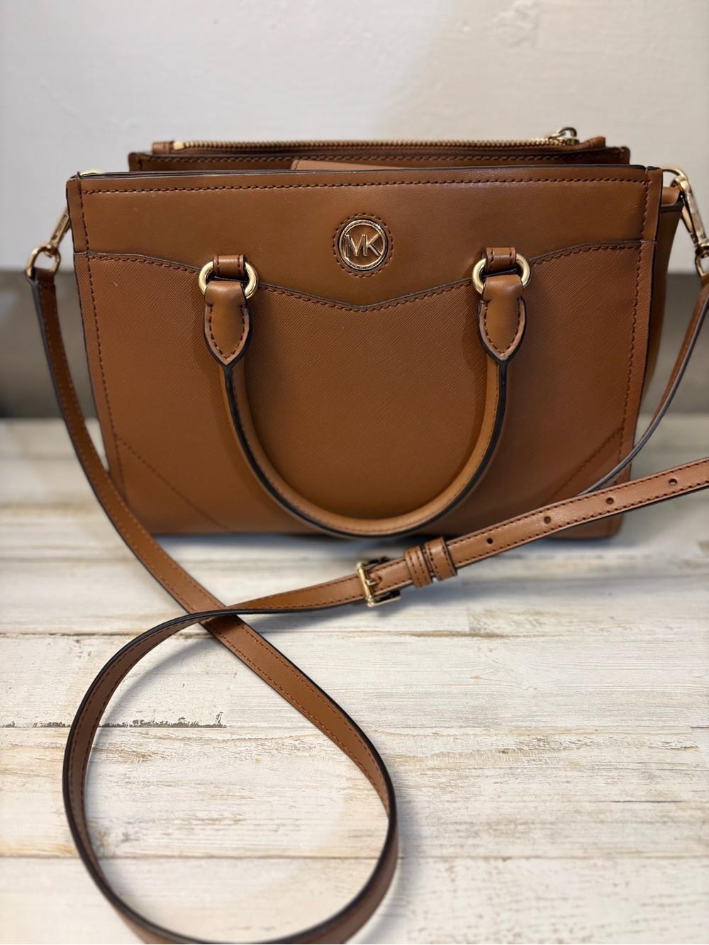 Michael Kors Tan Saffiano Leather Satchel with Crossbody Strap